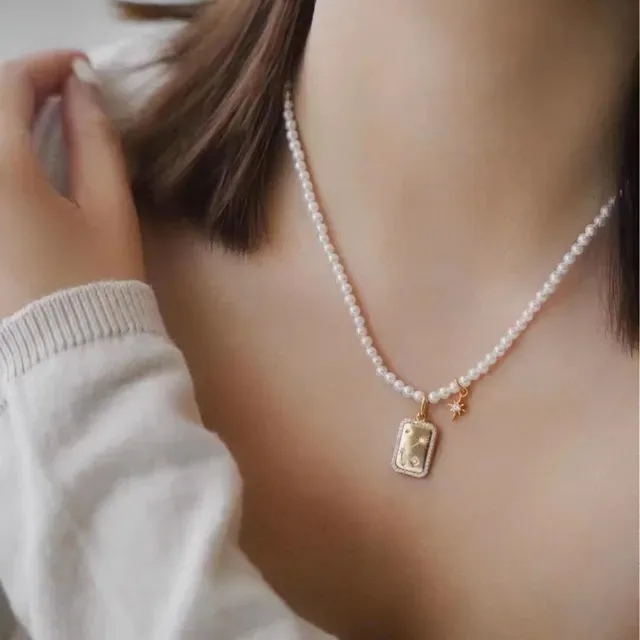 White Gold Pearl Strand Rectangular Charm Necklace 2