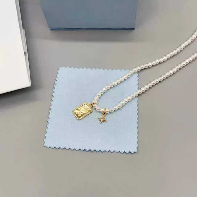 White Gold Pearl Strand Rectangular Charm Necklace 6