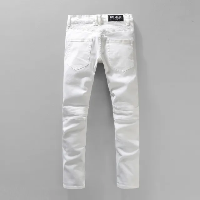 Jeans brancos estilo moto com bolso de zíper 15