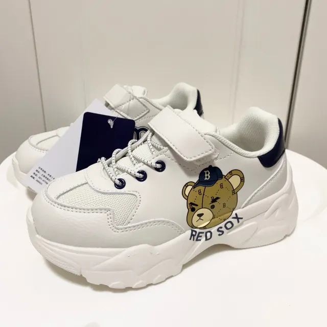 White Navy Platform Sole Cartoon Bear Graphic Chunky Sneakers 14