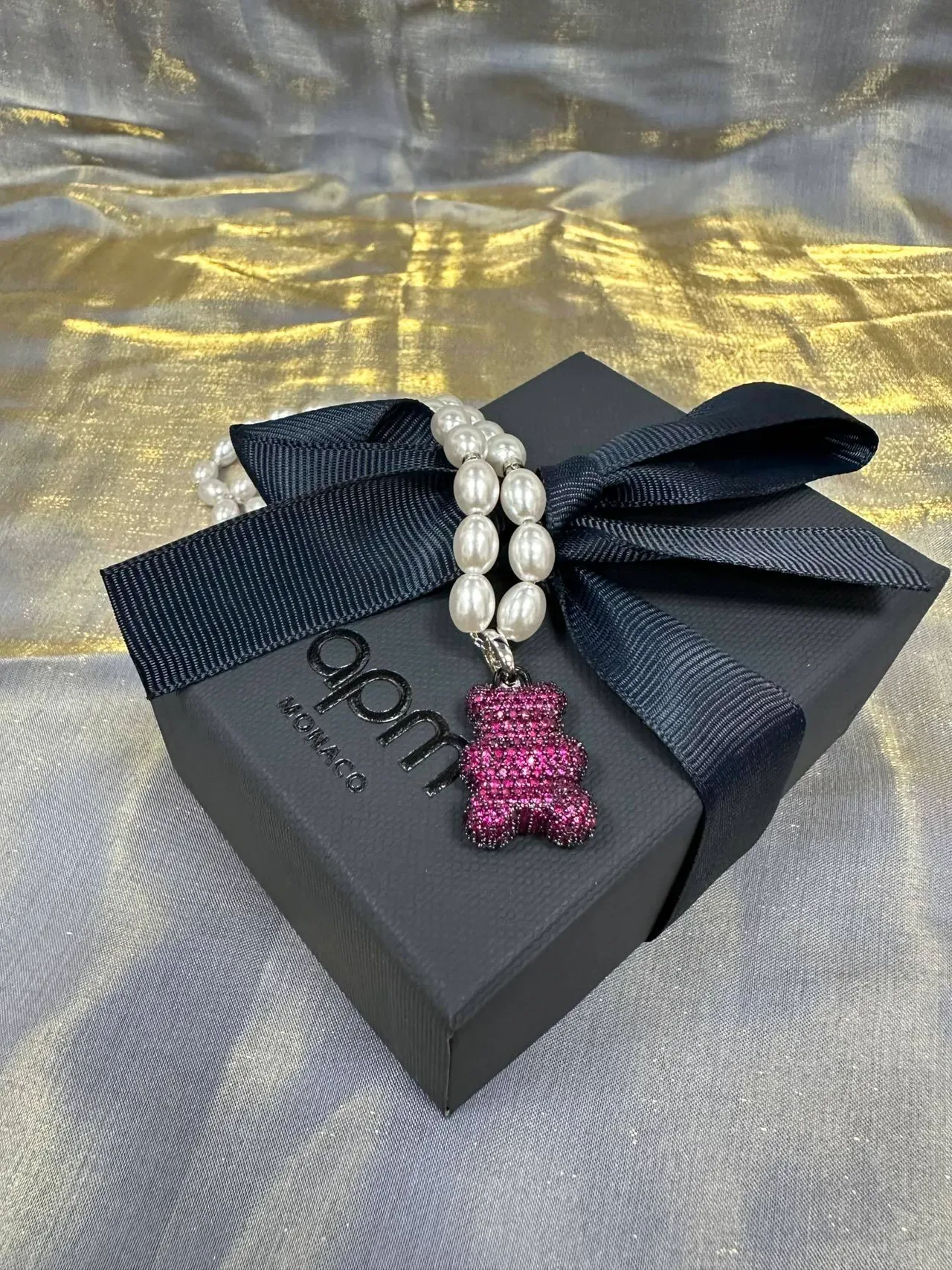 White Pink Pearl Strand Crystal-Encrusted Gummy Bear Pendant Necklace 4