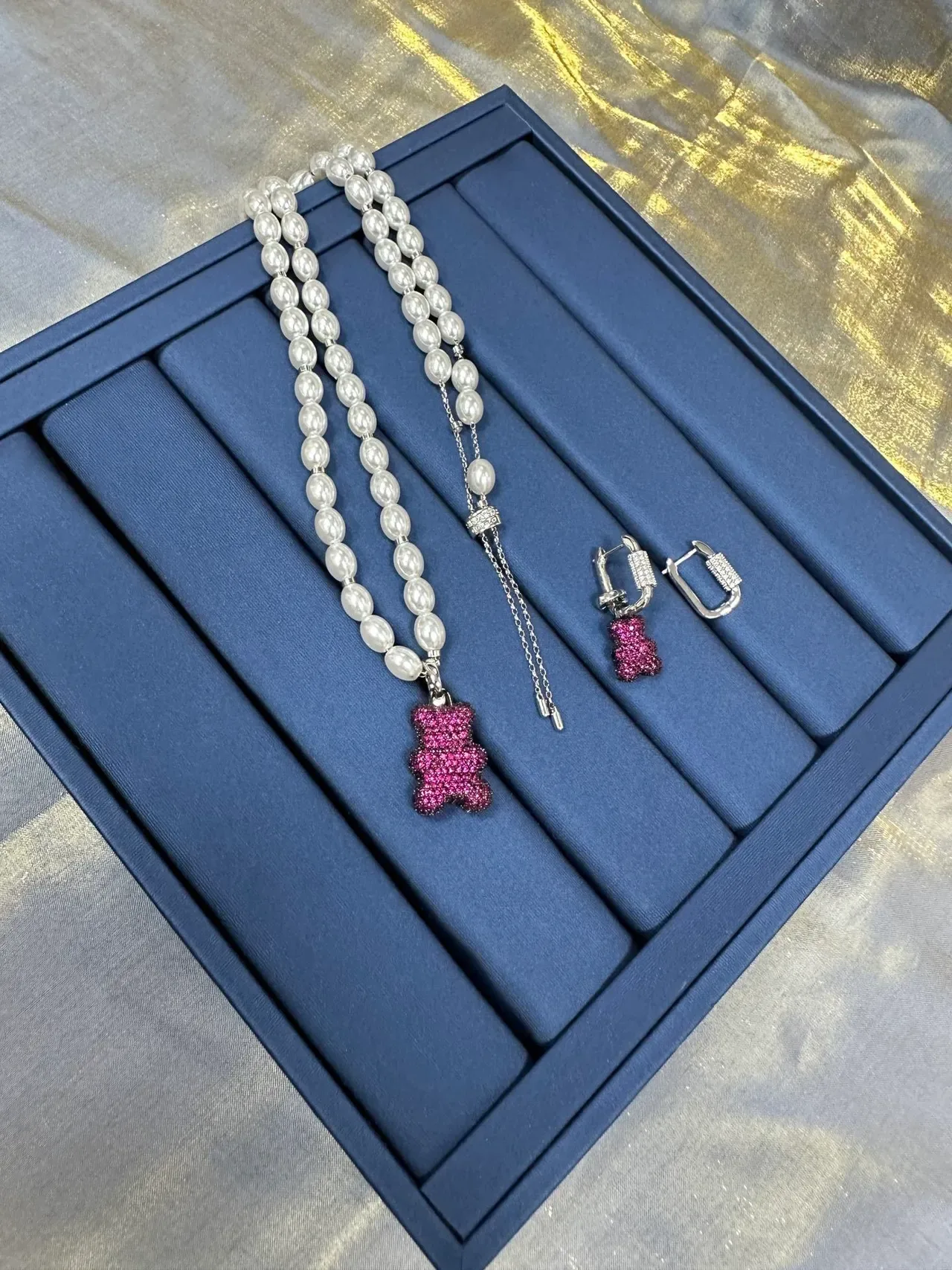 White Pink Pearl Strand Crystal-Encrusted Gummy Bear Pendant Necklace 5