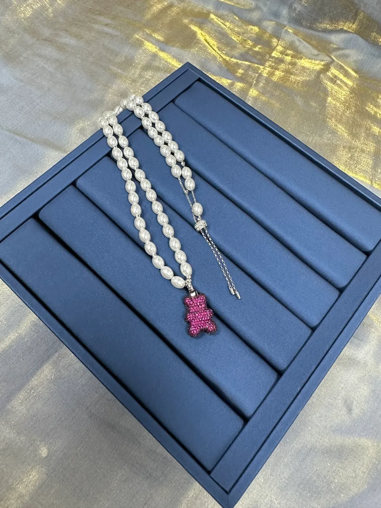 White Pink Pearl Strand Crystal-Encrusted Gummy Bear Pendant Necklace 6