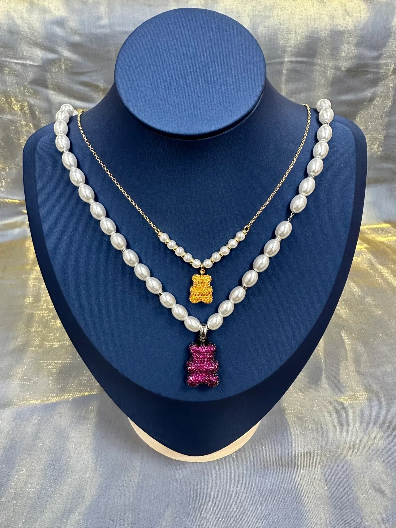 White Pink Pearl Strand Crystal-Encrusted Gummy Bear Pendant Necklace 7