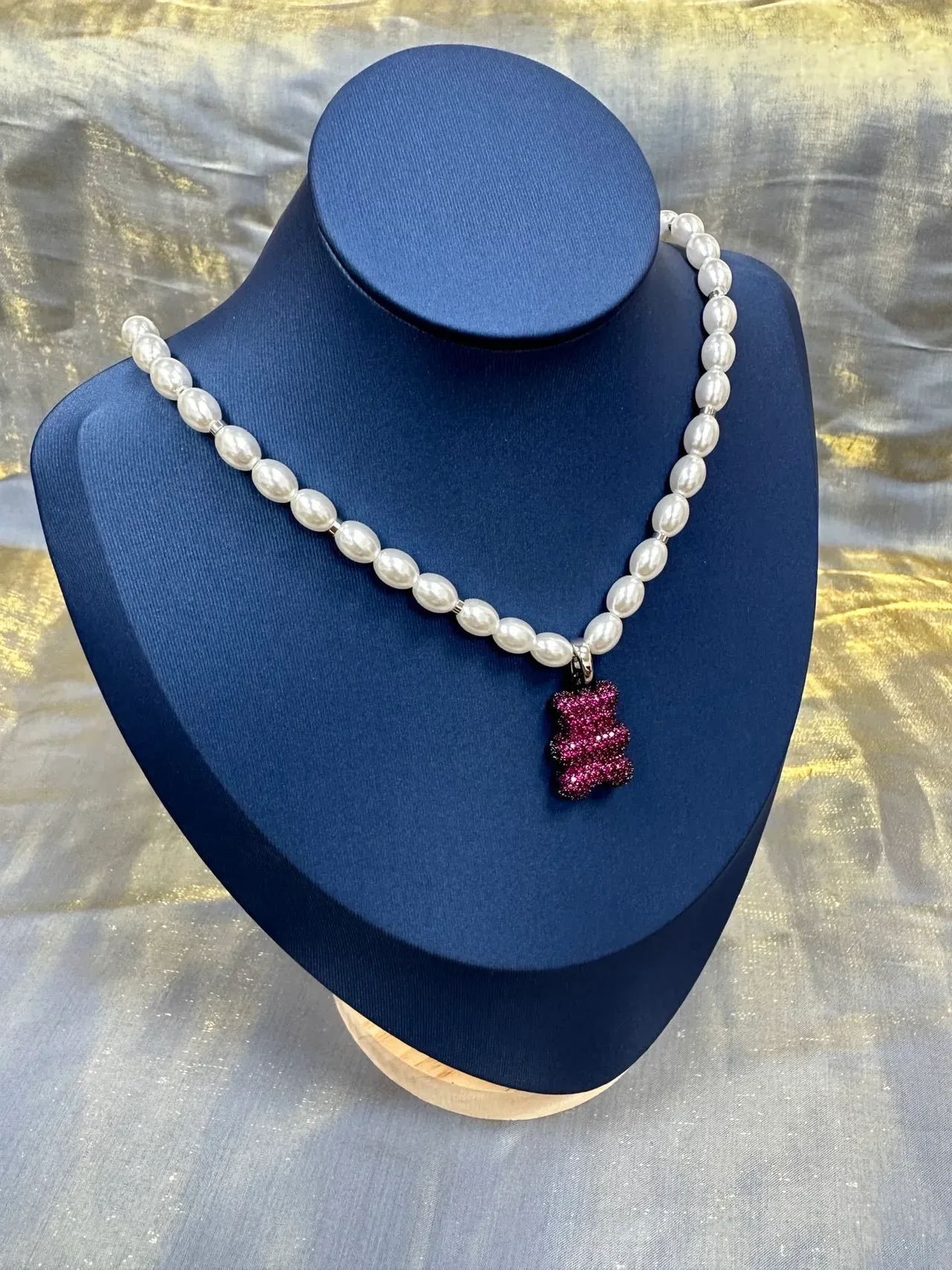 White Pink Pearl Strand Crystal-Encrusted Gummy Bear Pendant Necklace 8