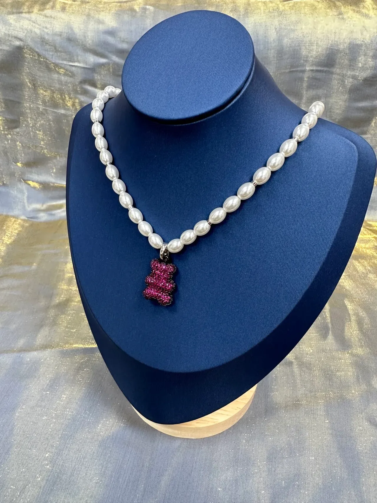 White Pink Pearl Strand Crystal-Encrusted Gummy Bear Pendant Necklace 9