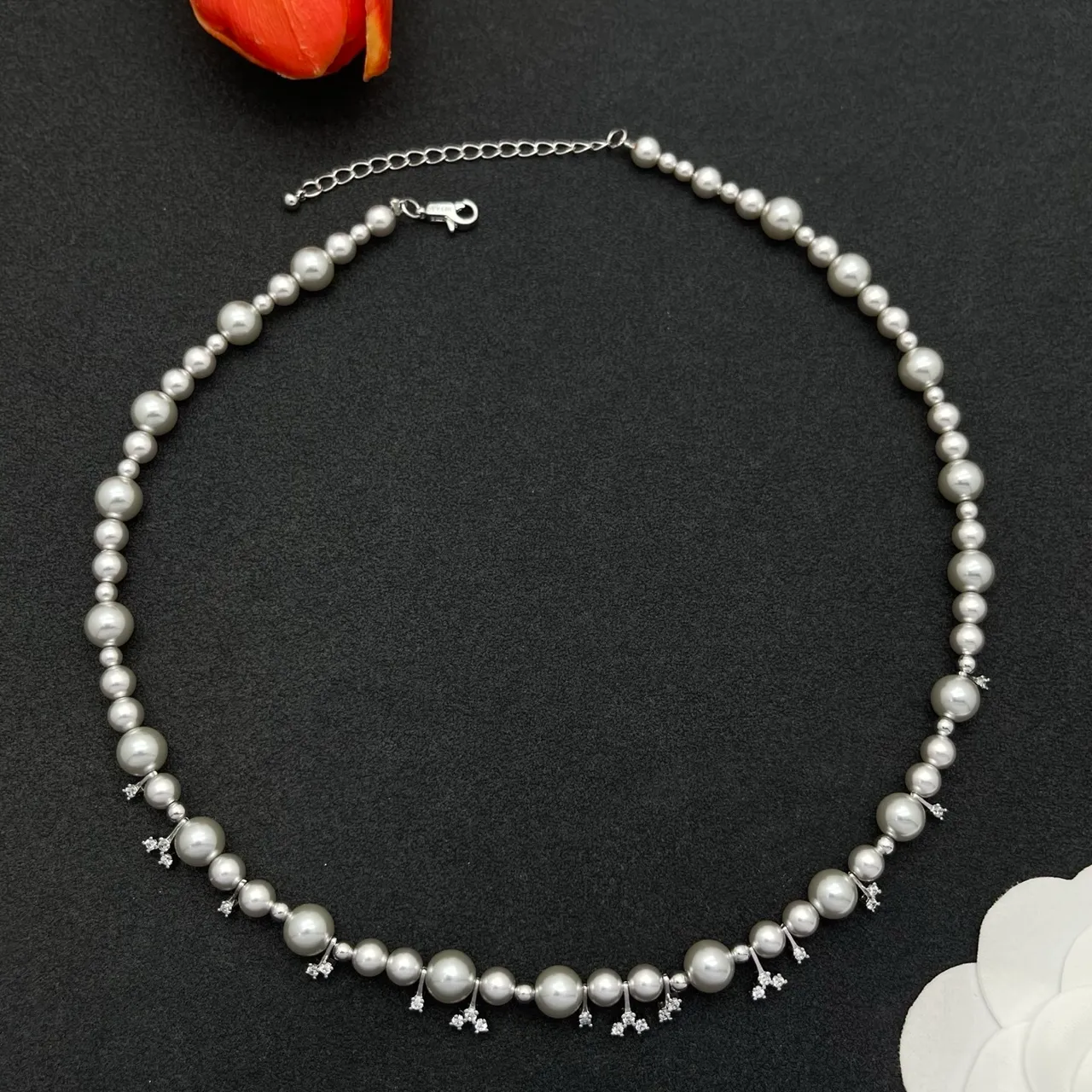 White Silver Pearl Strand Graduated Sizing Necklace 7
