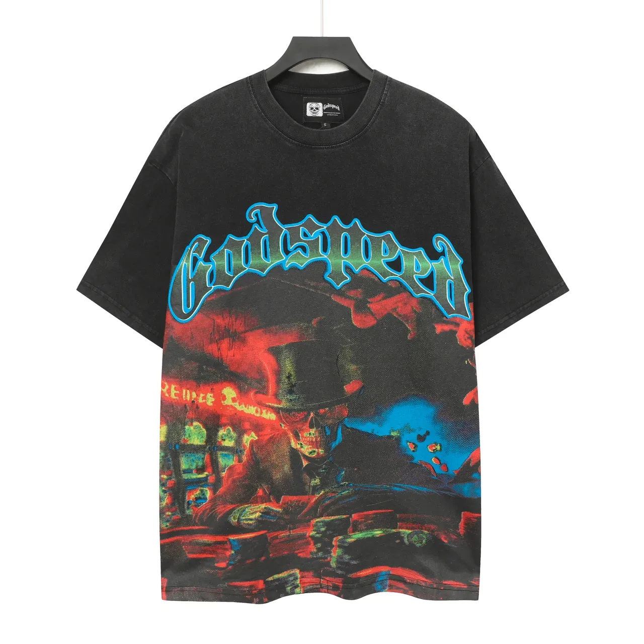Camiseta Godspeed oversized negra con estampado gráfico desgastado 2