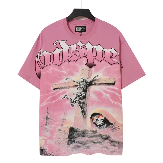T-shirt Godspeed rose et noir imprimé graphique col rond 3