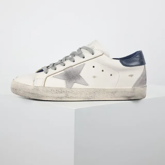 Golden Goose Superstar সাদা নৌবাহিনী ছেঁড়া কাপসোল ধাতব তারা প্যাচ জীবনধারা স্নিকার্স 9