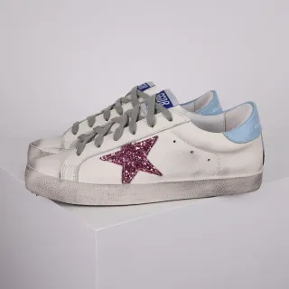 Golden Goose Tênis Lifestyle Brancos e Rosa de Couro Distressed com Glitter Star Appliqué