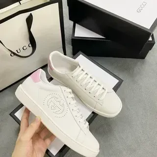 Gucci Ace Blanco Rosa Perforado Double-G Logo Cuero Superior Zapatillas Lifestyle