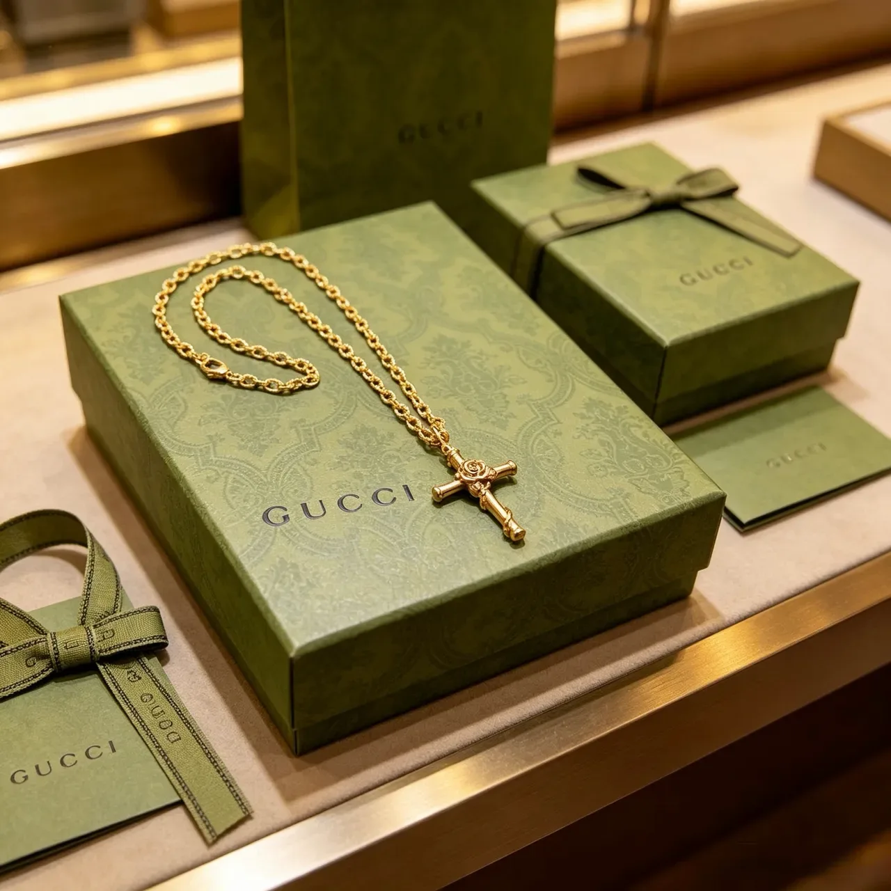 Gucci 竹十字吊坠 金色项链 7