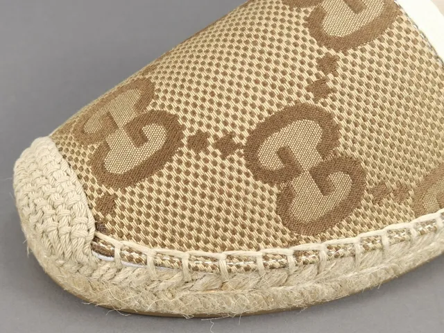 Gucci 米色棕色印花帆布草编鞋底船鞋 2
