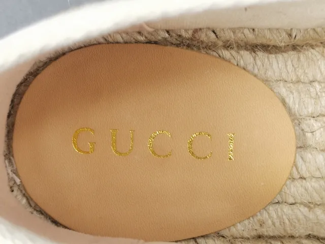 Gucci 米色棕色印花帆布草编鞋底船鞋 5
