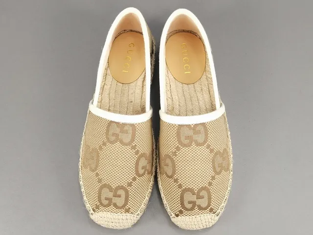 Gucci 米色棕色印花帆布草编鞋底船鞋 15