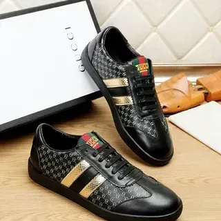 Gucci Negro Dorado Cuero Superior Monogram-Print Paneles Laterales Lifestyle Sneakers