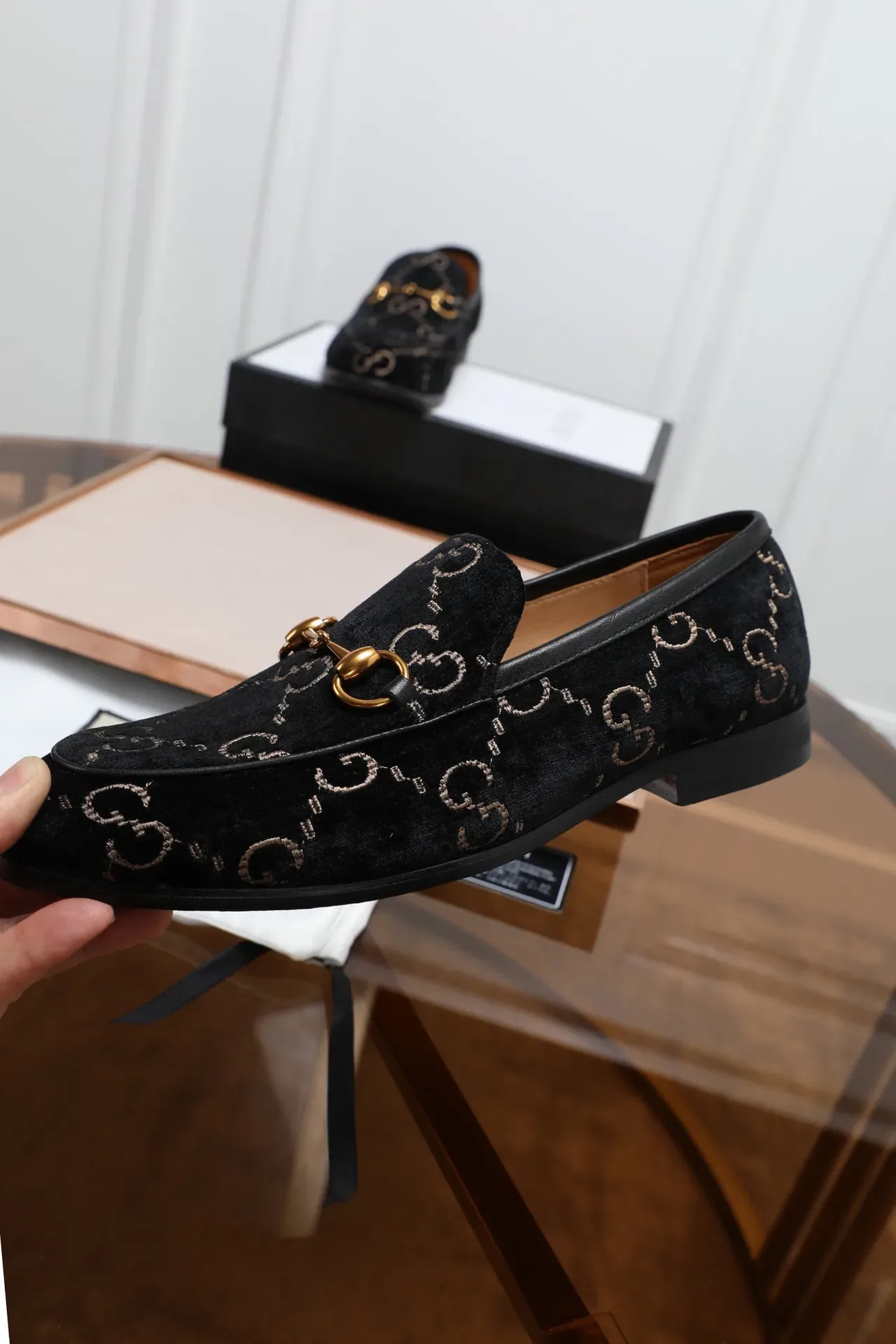 Gucci Black Gold Velvet Upper GG Monogram Print Loafer 6