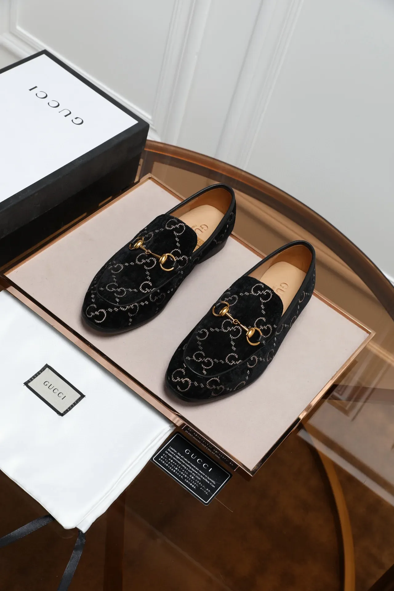 Gucci Black Gold Velvet Upper GG Monogram Print Loafer 7