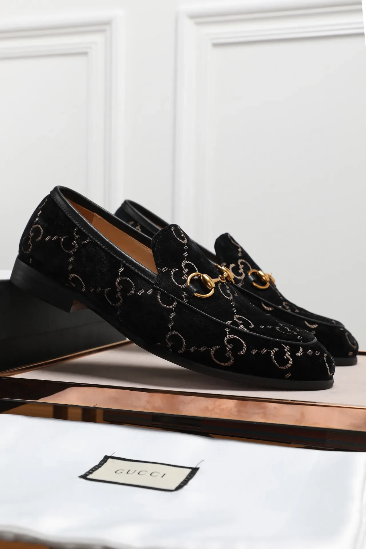 Gucci Black Gold Velvet Upper GG Monogram Print Loafer 8