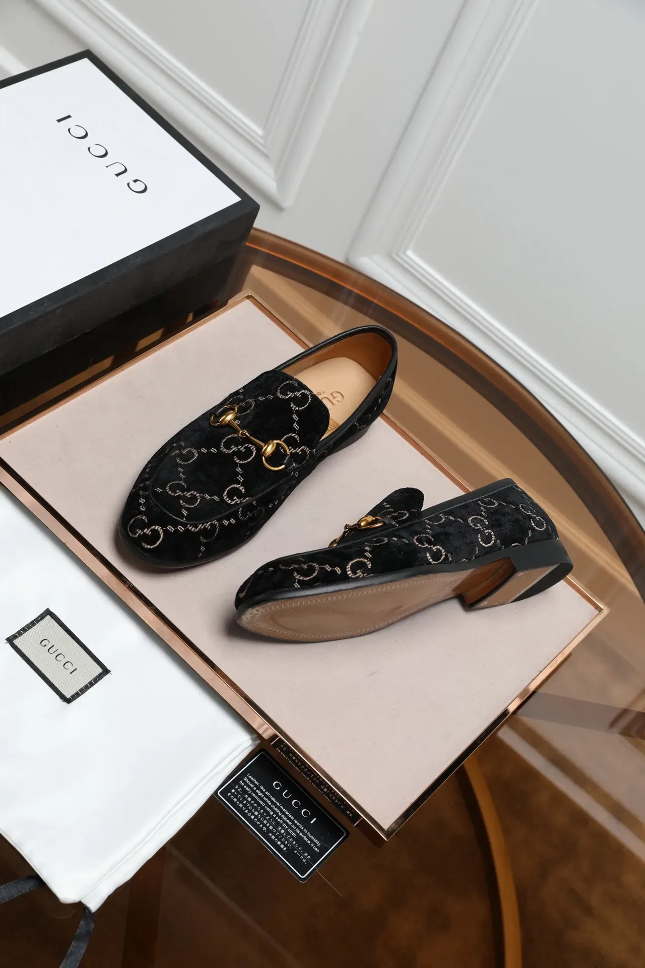 Gucci Black Gold Velvet Upper GG Monogram Print Loafer 9