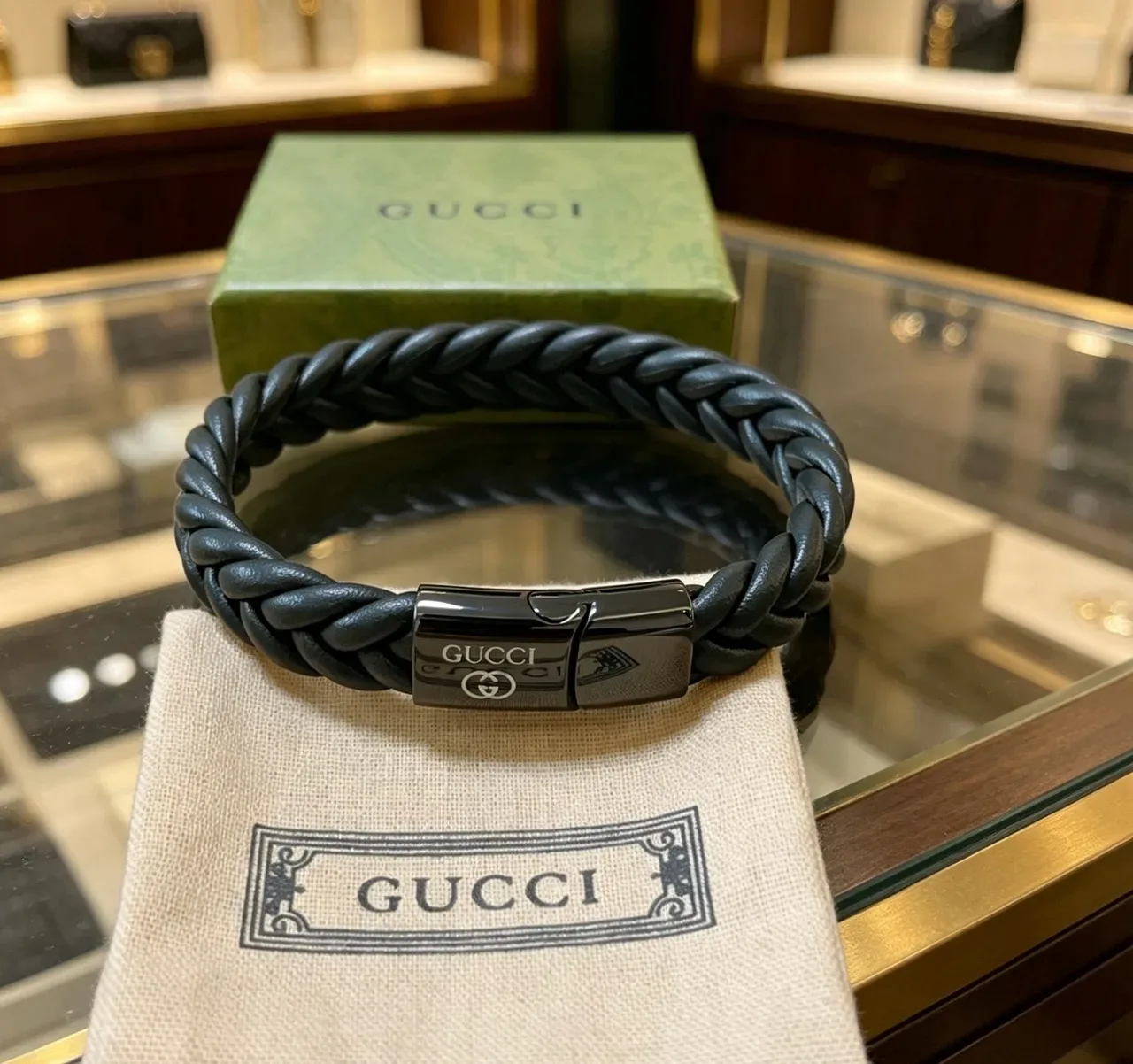 Gucci Black Gray Braided Leather Magnetic Clasp Bracelet 2