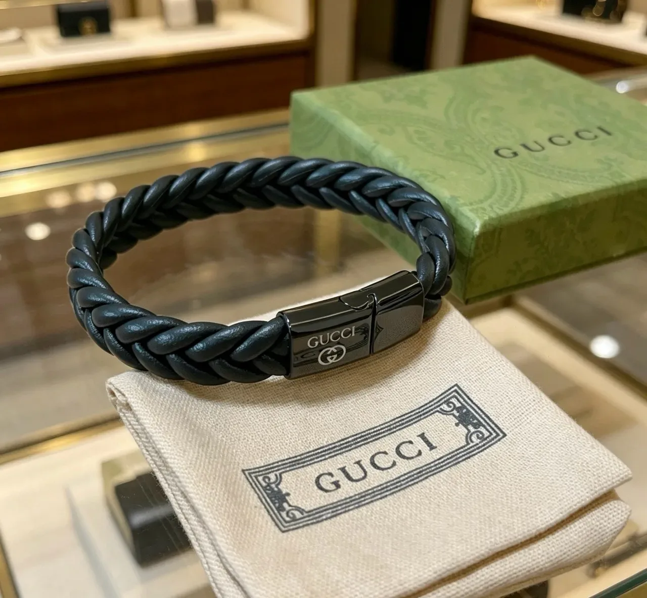 Gucci Black Gray Braided Leather Magnetic Clasp Bracelet 3