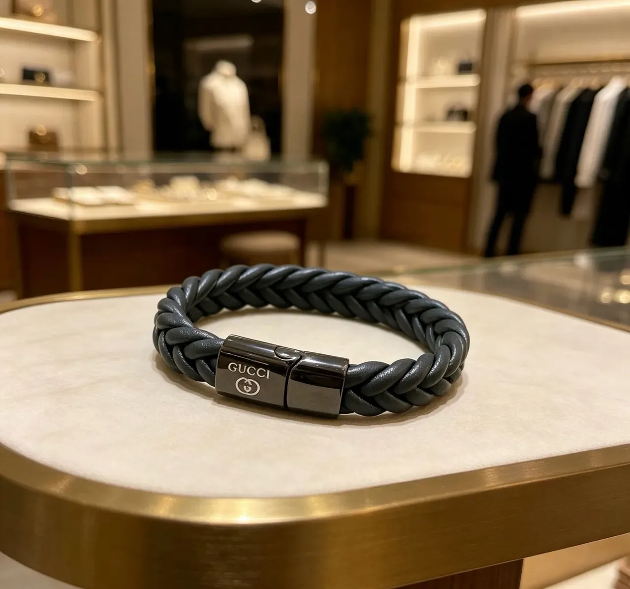 Gucci Black Gray Braided Leather Magnetic Clasp Bracelet 5
