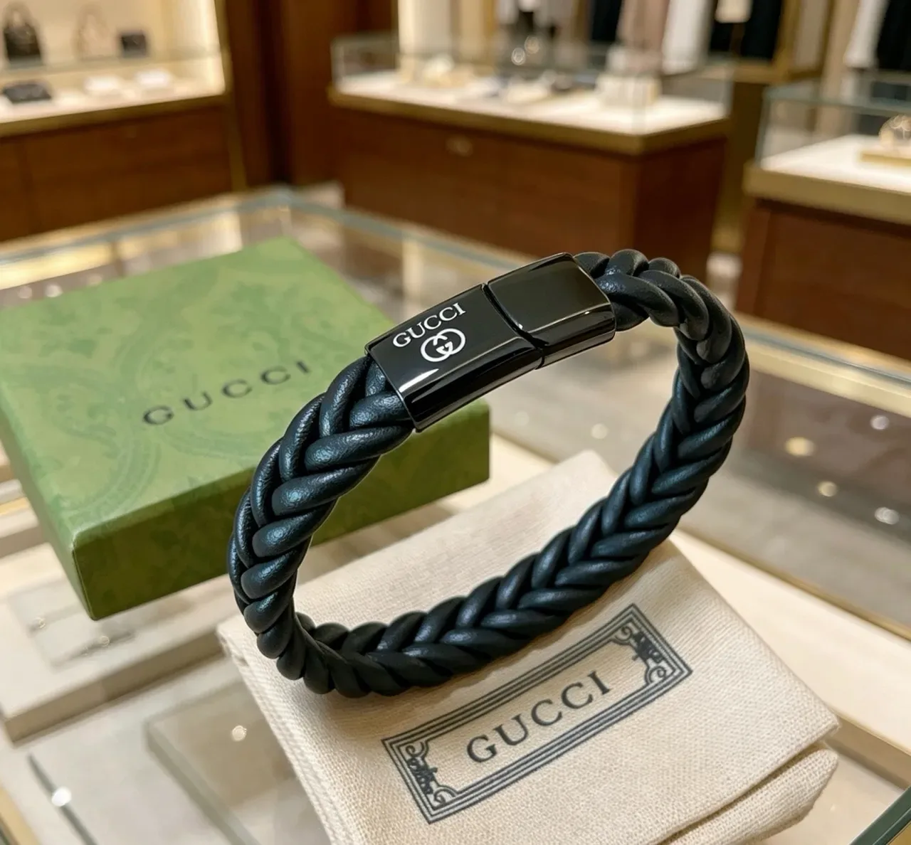 Gucci Black Gray Braided Leather Magnetic Clasp Bracelet 6