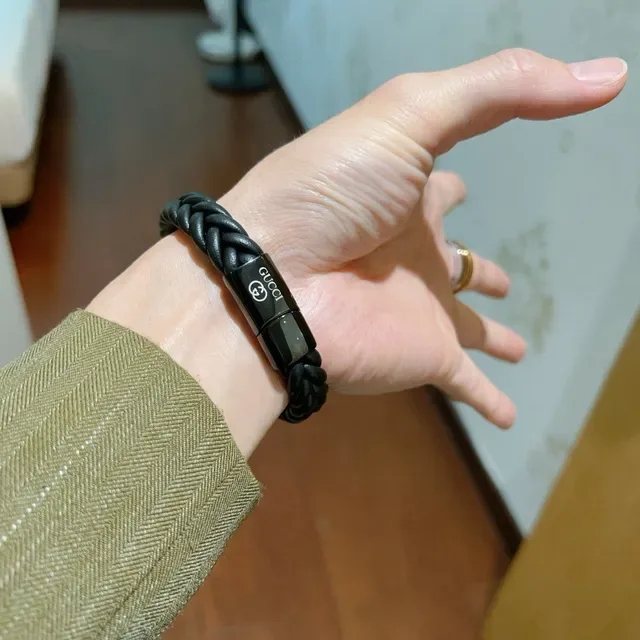 Gucci Black Gray Braided Leather Magnetic Clasp Bracelet 7