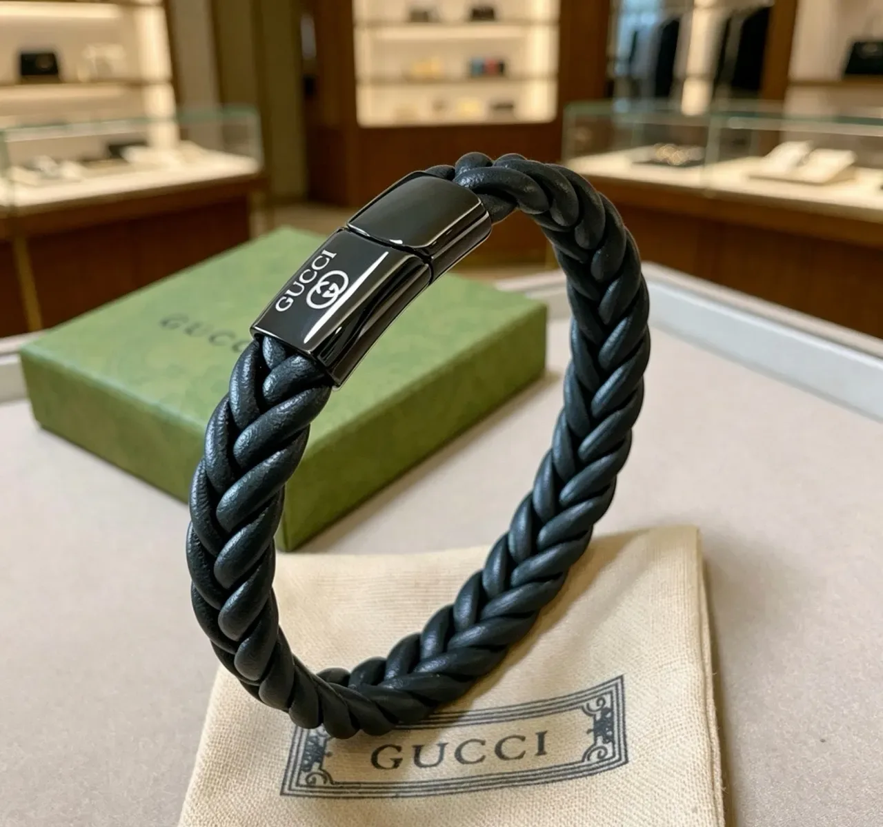 Gucci Black Gray Braided Leather Magnetic Clasp Bracelet 9