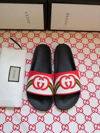 Gucci Black Multicolor Interlocking Double G Logo Red-Green-Red Web Stripe Slippers 1