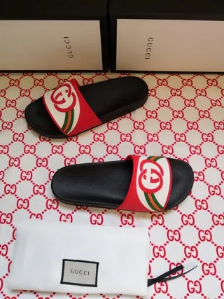 Gucci Black Multicolor Interlocking Double G Logo Red-Green-Red Web Stripe Slippers 9
