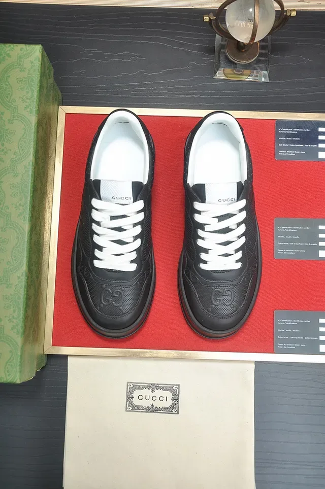 Gucci Black White Platform Sole Perforated Leather Lifestyle Sneakers 2