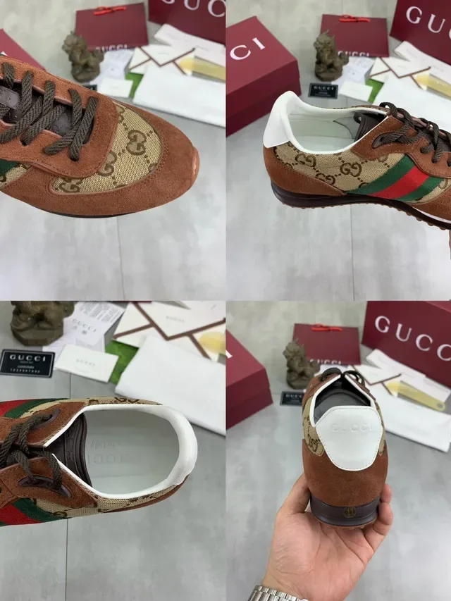 Gucci Sneakers Lifestyle Daim Marron Beige Toile GG Rayures Web Rouge Vert 2