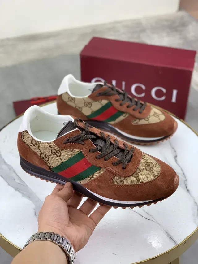 Gucci Sneakers Lifestyle Daim Marron Beige Toile GG Rayures Web Rouge Vert 4