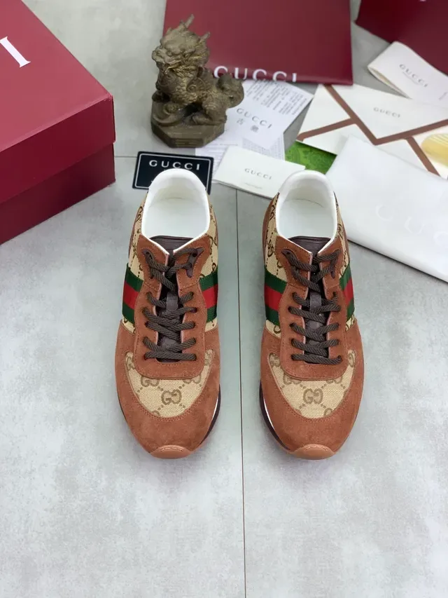 Gucci Sneakers Lifestyle Daim Marron Beige Toile GG Rayures Web Rouge Vert 5