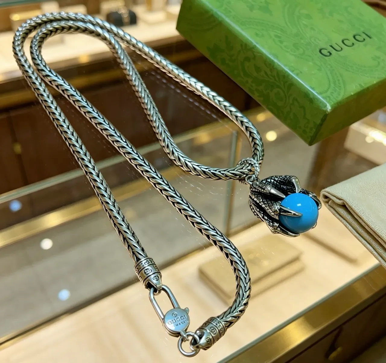 Gucci Claw-Set Turquoise Sphere Braided Chain Necklace 2