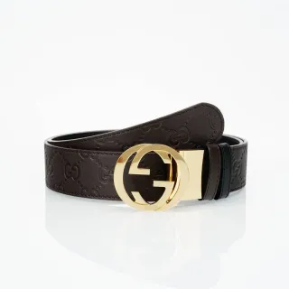 Gucci Double G भूरा सोना एमबॉस्ड GG Monogram इंटरलॉकिंग बकल चमड़े की बेल्ट