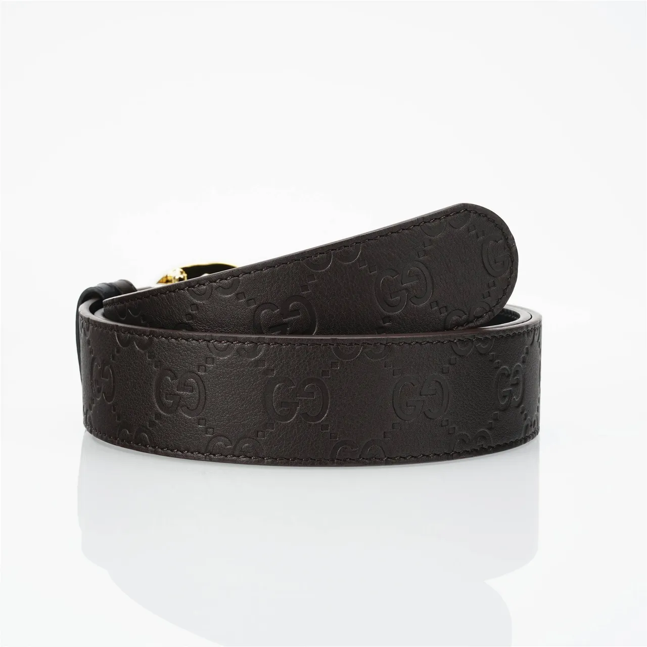 Gucci Double G Marron Or Embossé GG Monogram Interlocking Buckle Ceinture en Cuir 3