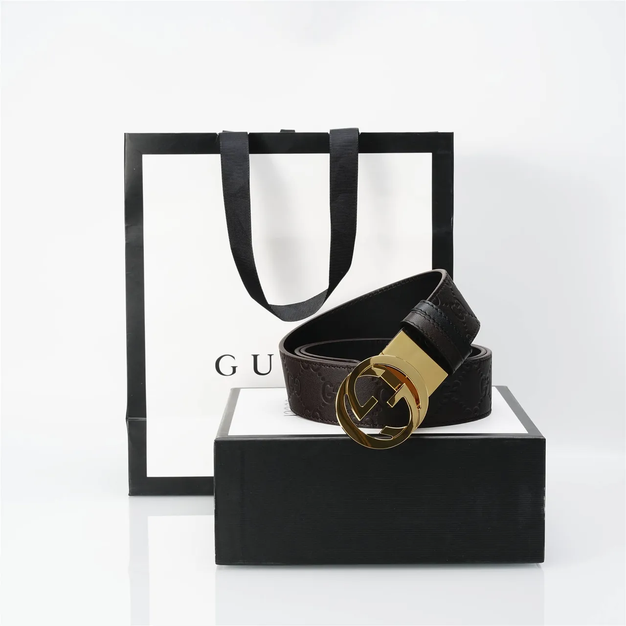 Gucci Double G Marron Or Embossé GG Monogram Interlocking Buckle Ceinture en Cuir 4