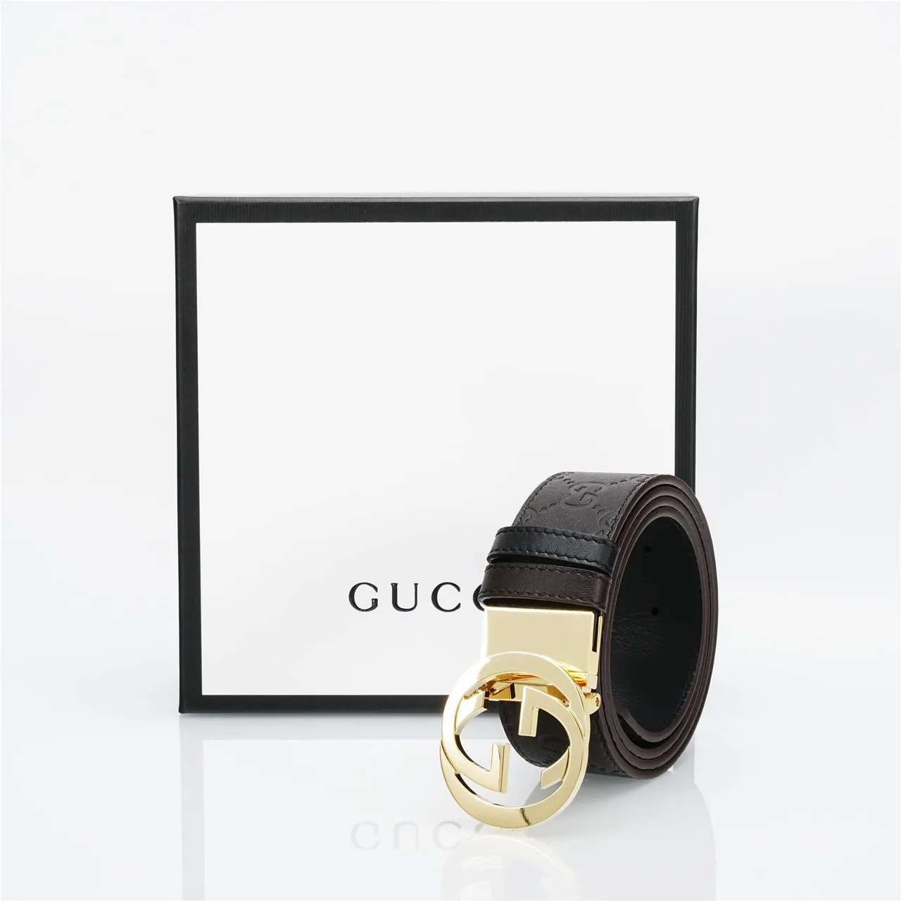 Gucci Double G Marron Or Embossé GG Monogram Interlocking Buckle Ceinture en Cuir 5