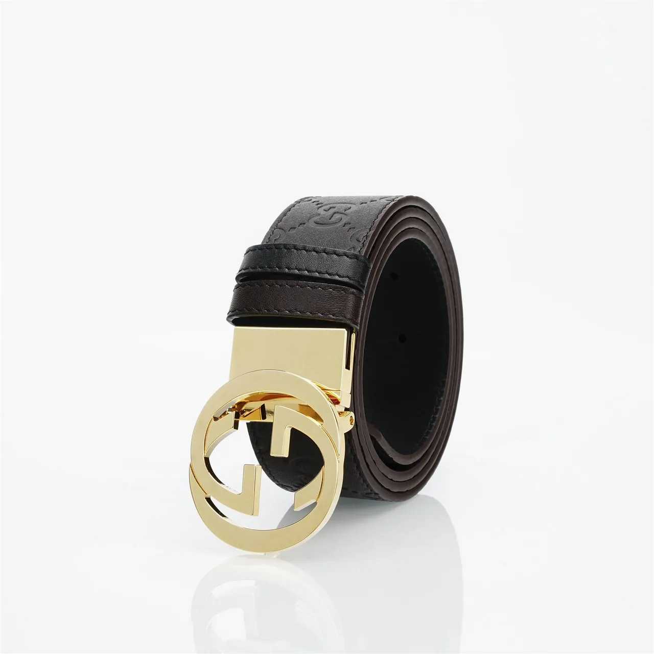 Gucci Double G Marron Or Embossé GG Monogram Interlocking Buckle Ceinture en Cuir 6