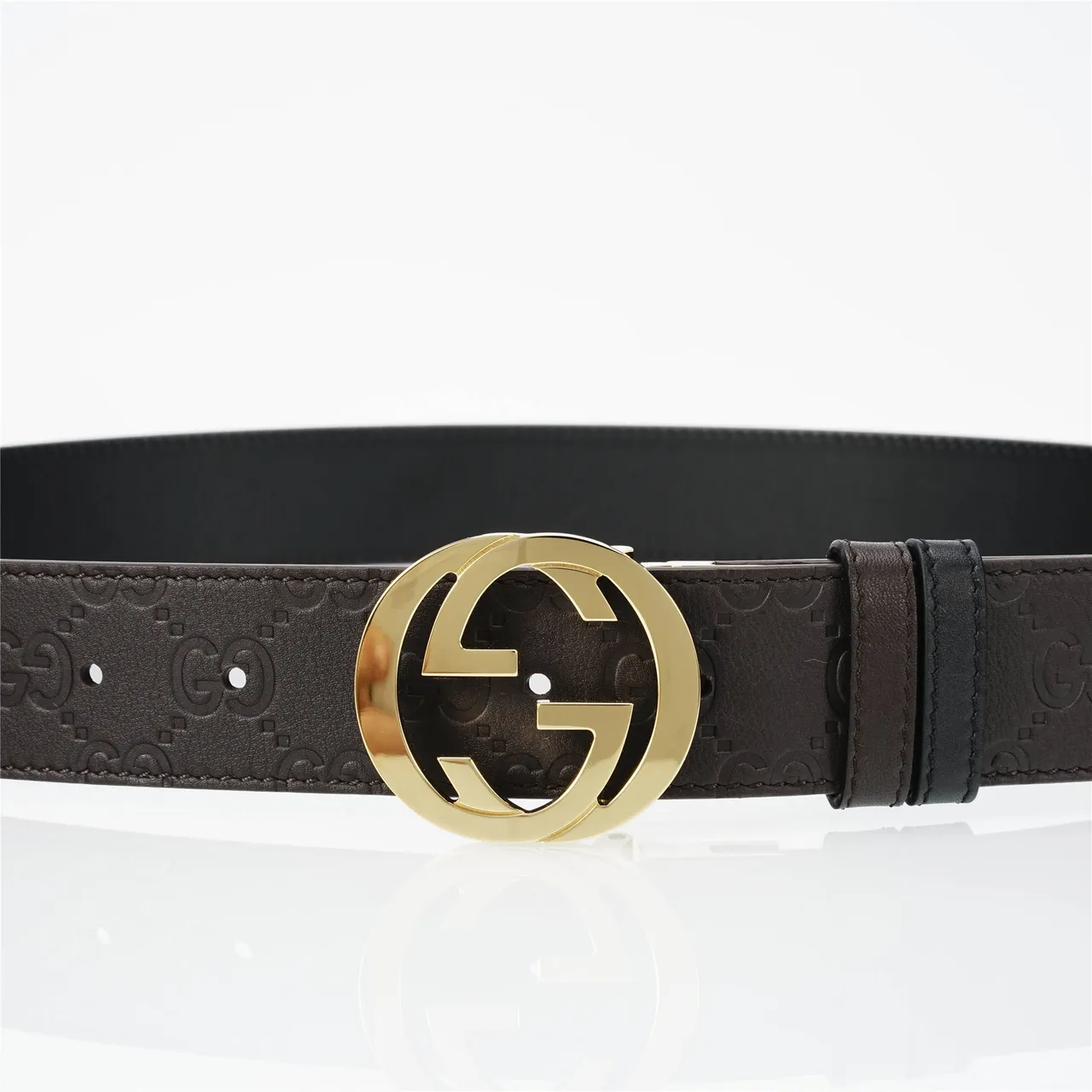 Gucci Double G Marron Or Embossé GG Monogram Interlocking Buckle Ceinture en Cuir 8