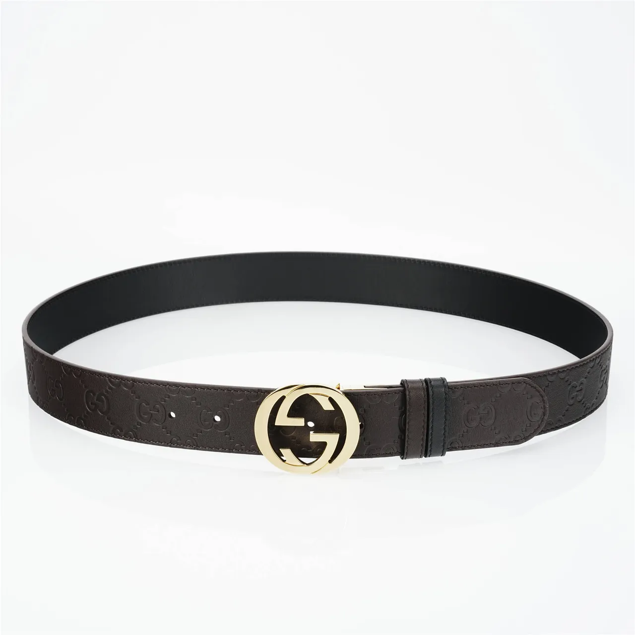 Gucci Double G Marron Or Embossé GG Monogram Interlocking Buckle Ceinture en Cuir 9
