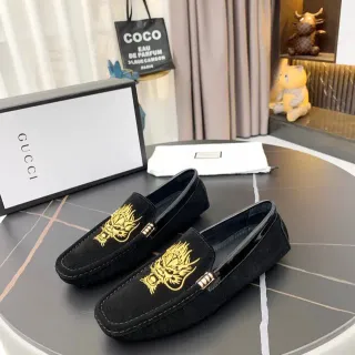 Gucci 黑金麂皮龙绣乐福鞋