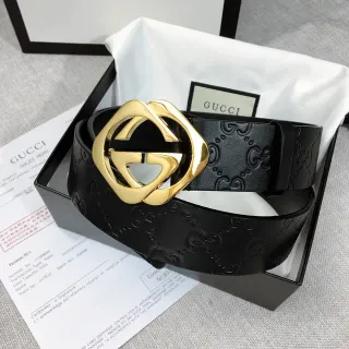 Gucci GG Marmont Black Gold Embossed Monogram Interlocking G Buckle Leather Belt