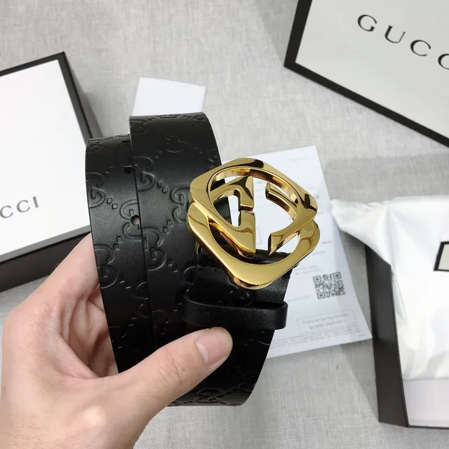 Gucci GG Marmont حزام جلدي أسود ذهبي مع نقش حرف G متشابكة ومشبك 3