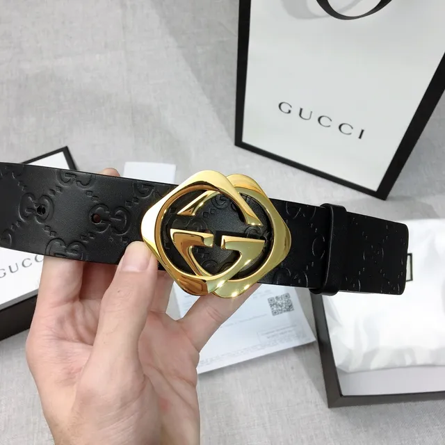Gucci GG Marmont حزام جلدي أسود ذهبي مع نقش حرف G متشابكة ومشبك 4