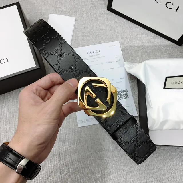 Gucci GG Marmont حزام جلدي أسود ذهبي مع نقش حرف G متشابكة ومشبك 5